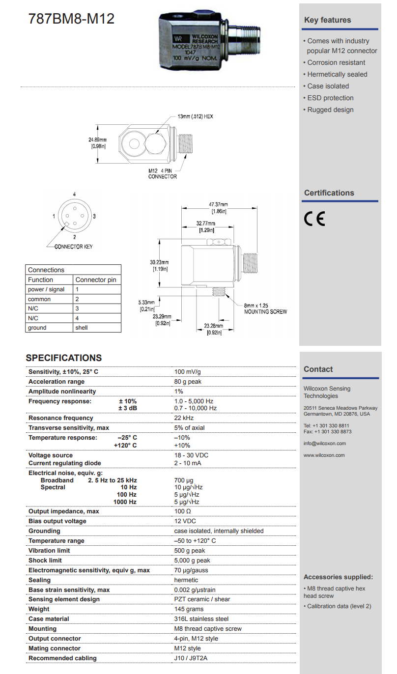 威爾康森標準加速度振動計787BM8-M12型技術(shù)參數(shù)