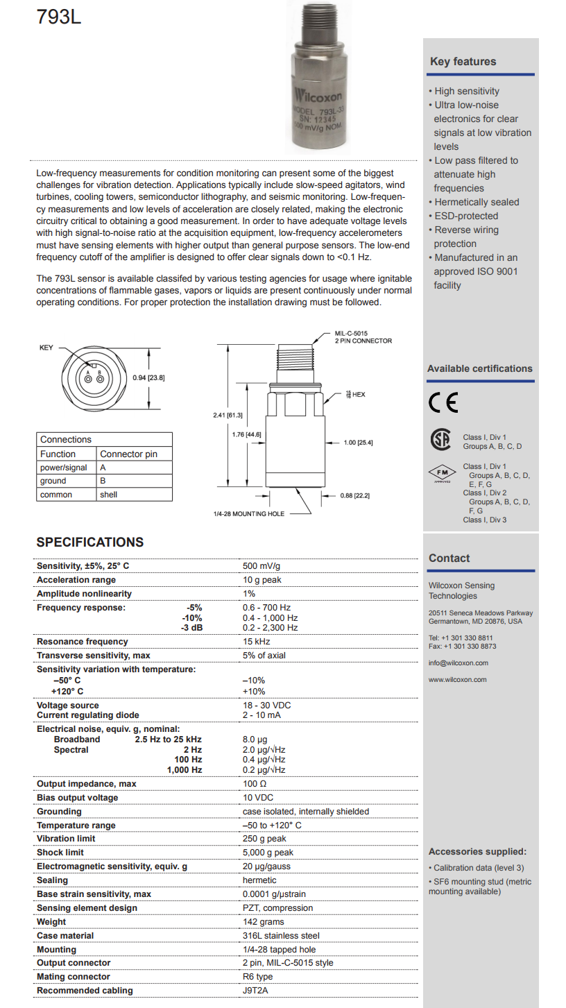 威爾康森高級振動傳感器793L型技術參數