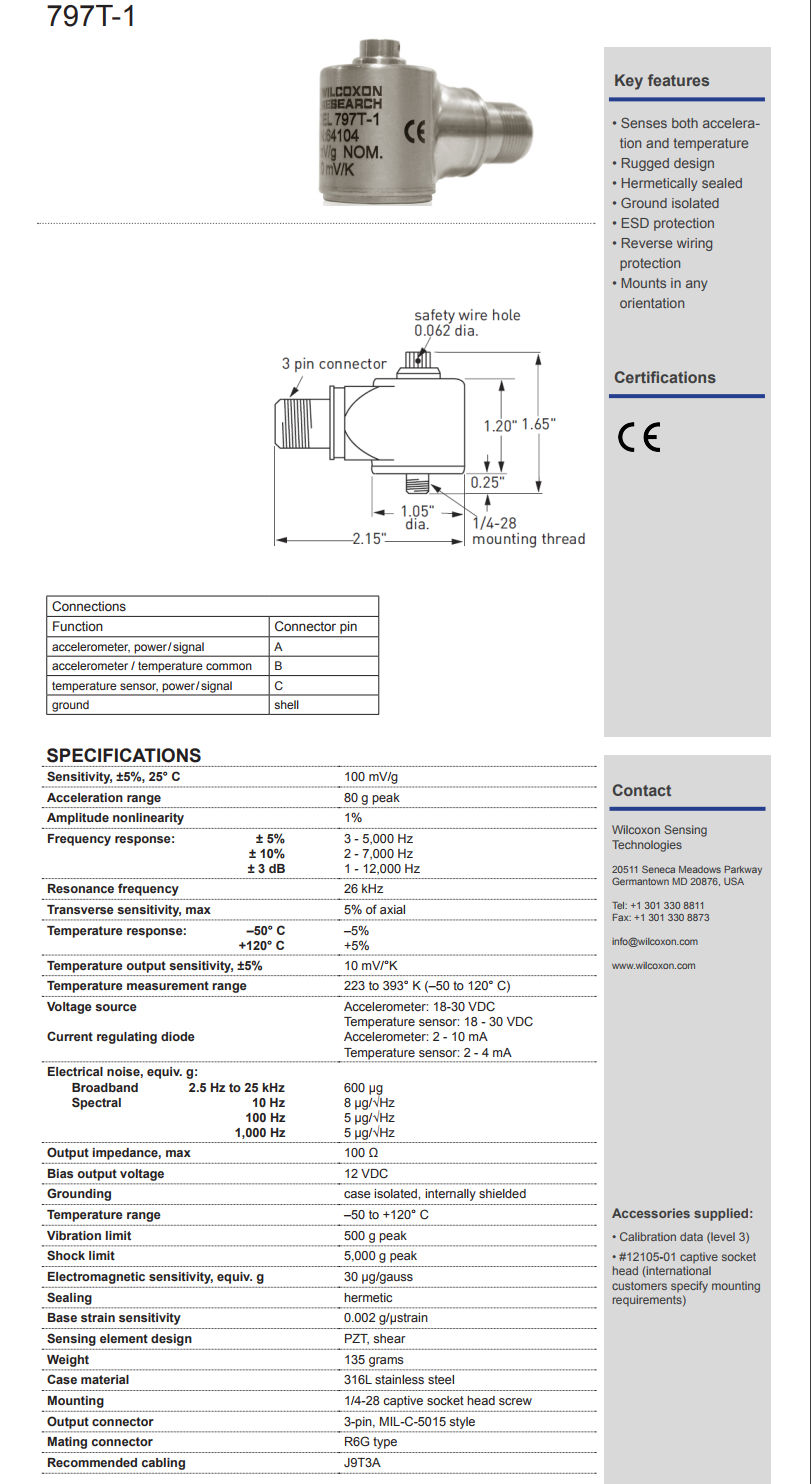 威爾康森高級(jí)雙輸出振動(dòng)傳感器797T-1型技術(shù)參數(shù)