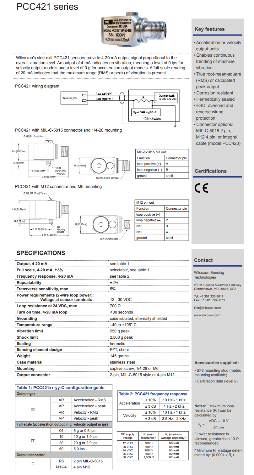 威爾康森4-20mA回路供電振動傳感器PCC421AR-05-M12-4型技術參數