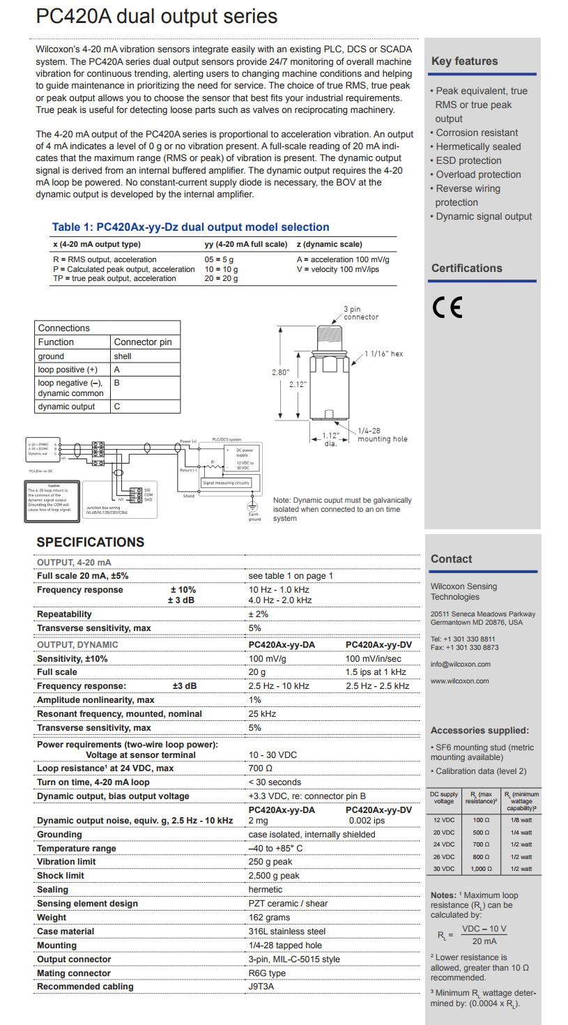 威爾康森4-20mA回路供電振動傳感器，帶動態(tài)振動輸出PC420AP-10-DA型技術(shù)參數(shù)