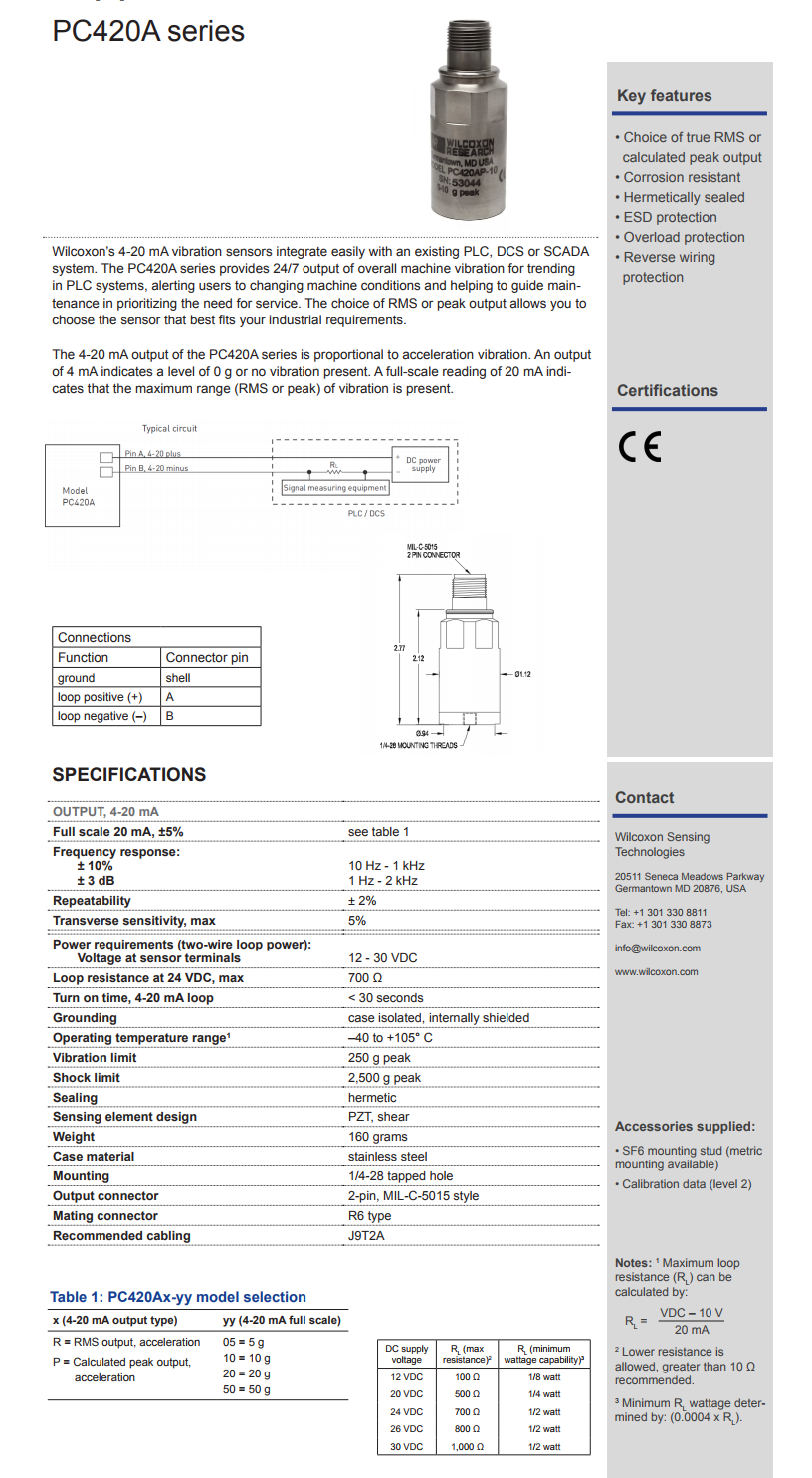 威爾康森4-20mA回路供電振動傳感器PC420AR-10型技術參數