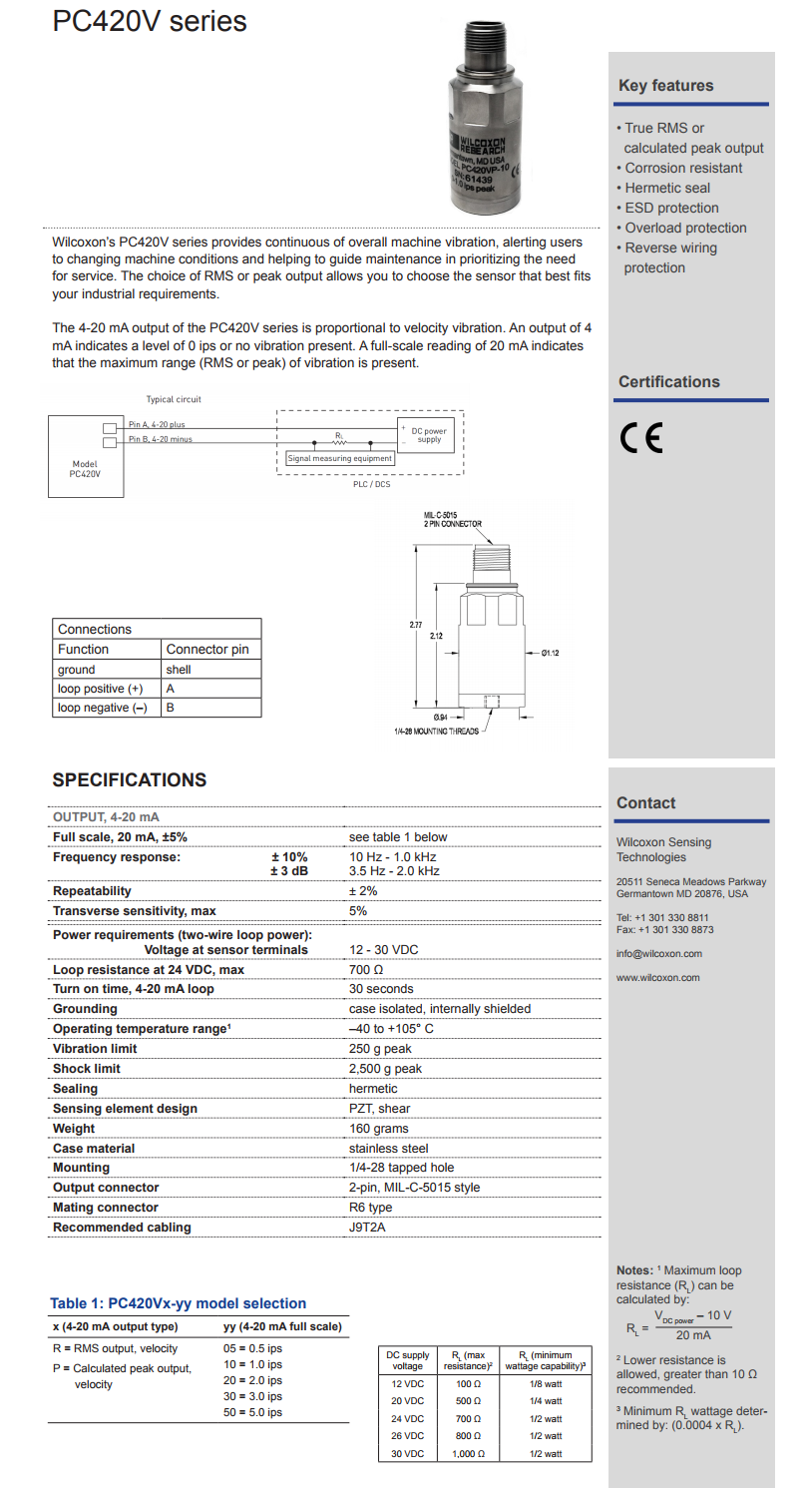 威爾康森4-20mA回路供電振動傳感器PC420VP-10型技術(shù)參數(shù)