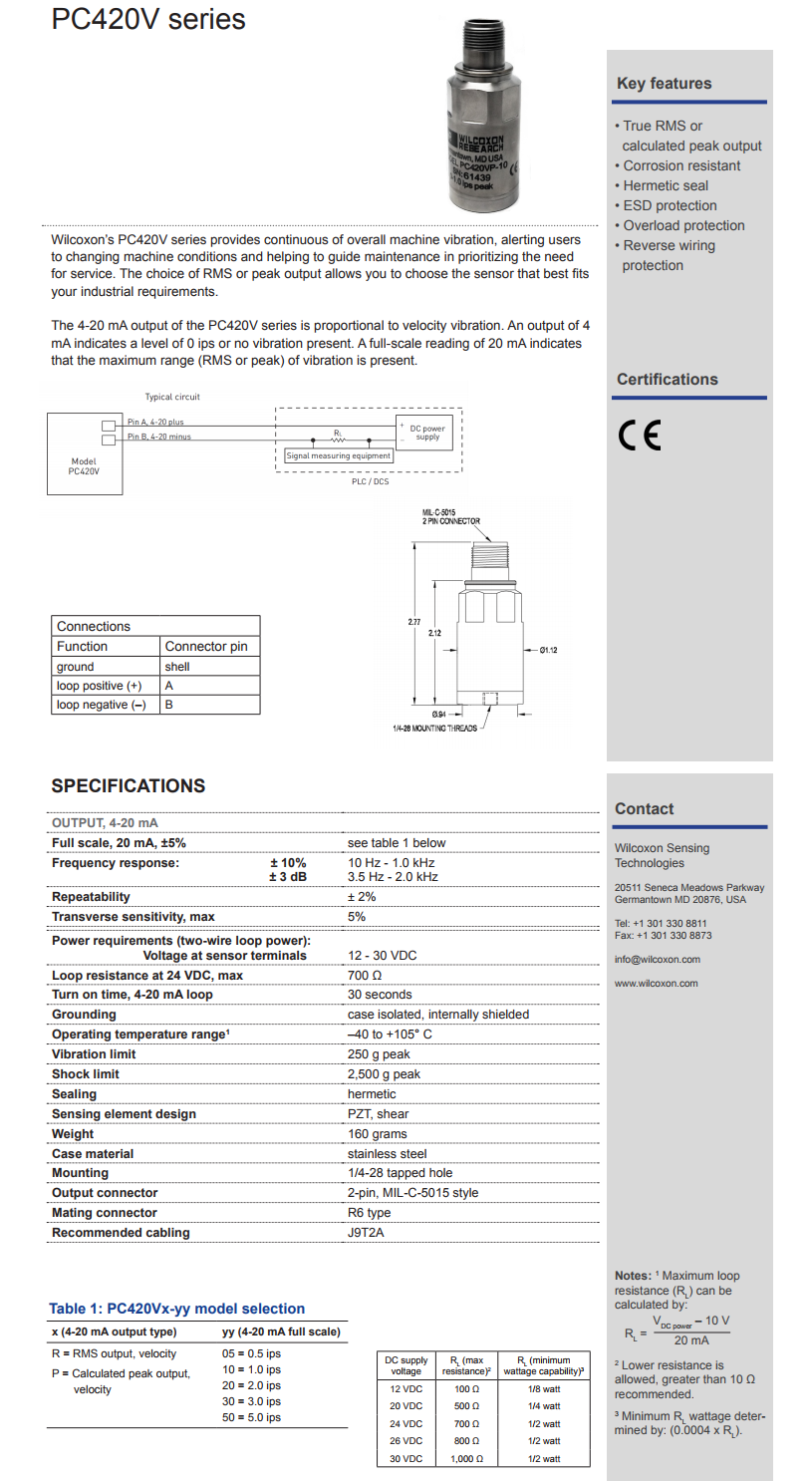 威爾康森4-20mA回路供電振動傳感器PC420VP-30型技術參數