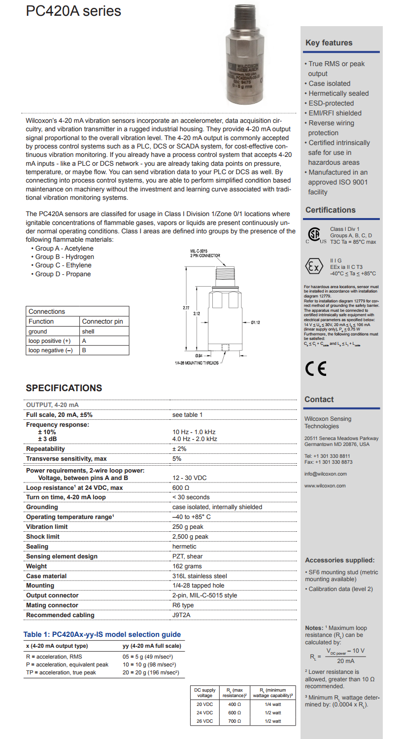 威爾康森回路供電振動(dòng)傳感器PC420AR-10-IS型技術(shù)參數(shù)