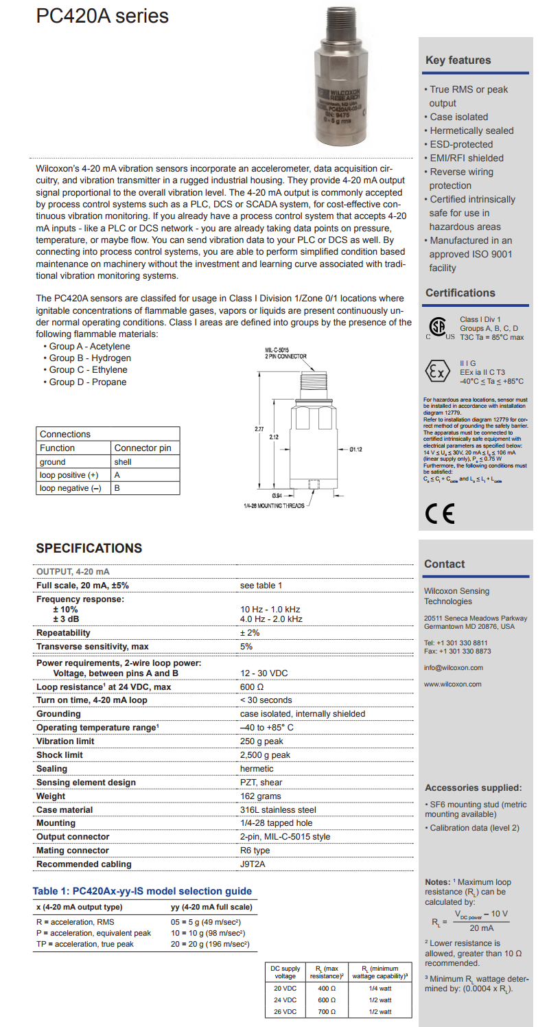 威爾康森回路供電振動傳感器PC420AP-20-IS型技術(shù)參數(shù)
