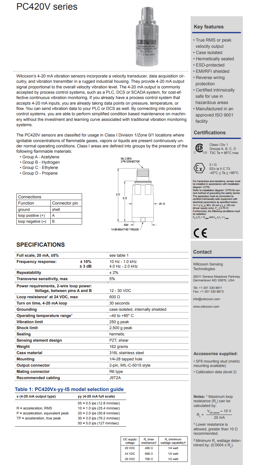 威爾康森回路供電傳感器PC420VR-20-IS型技術參數