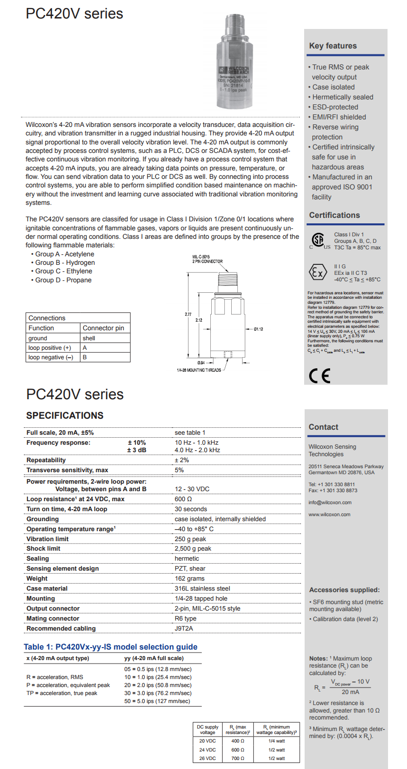 威爾康森回路供電振動傳感器PC420VR-50-IS型技術參數
