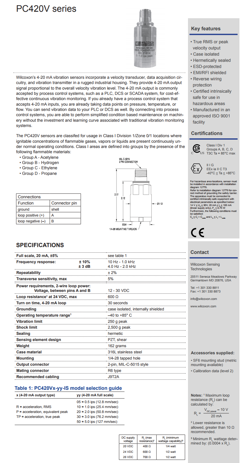 威爾康森回路供電振動傳感器PC420VP-20-IS型技術參數