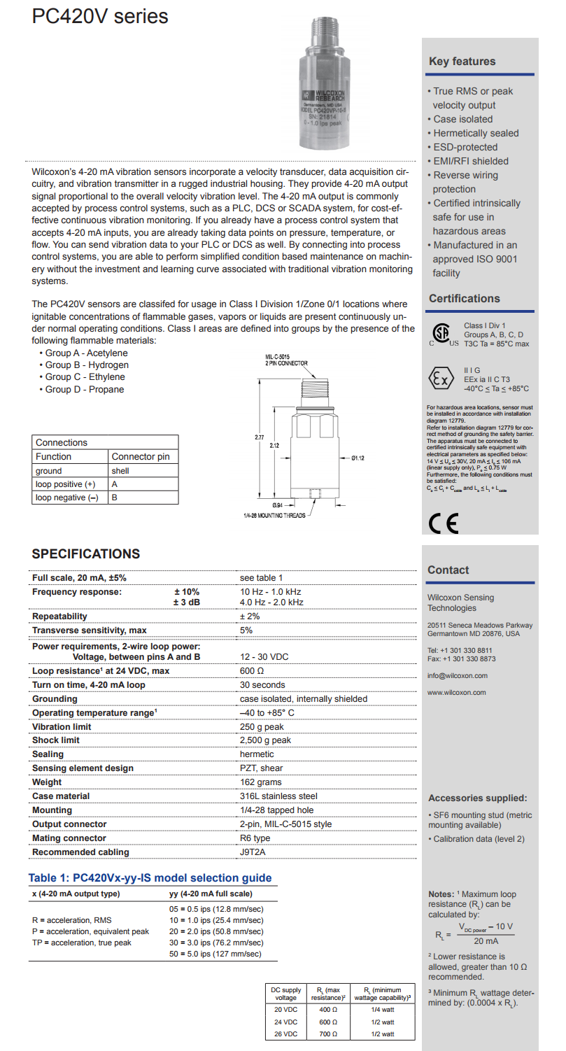 威爾康森回路供電振動傳感器PC420VP-30-IS型技術參數(shù)