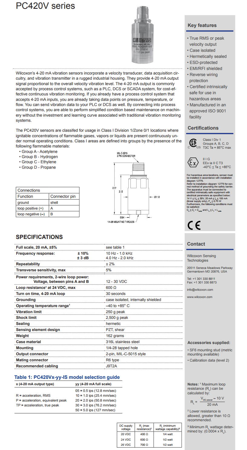 威爾康森回路供電振動(dòng)傳感器PC420VP-50-IS型技術(shù)參數(shù)