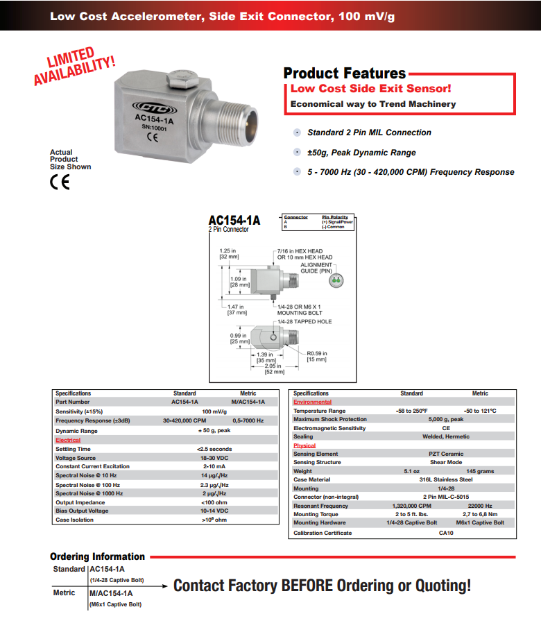 CTC標(biāo)準(zhǔn)尺寸低成本加速度振動計(jì)AC154技術(shù)參數(shù)
