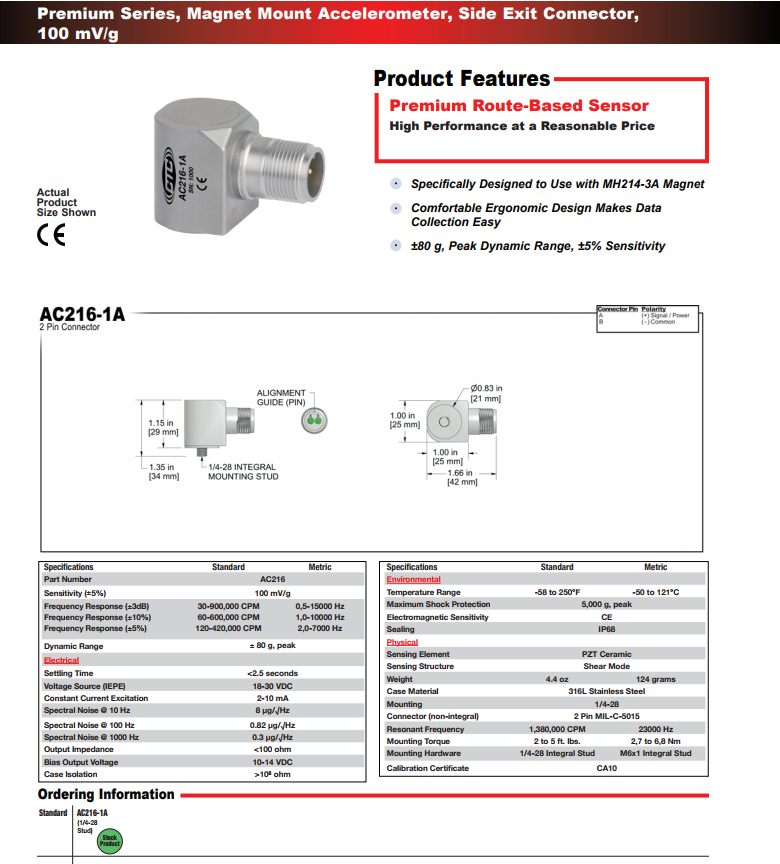CTC 標準尺寸磁鐵安裝加速度計AC216 技術參數(shù)