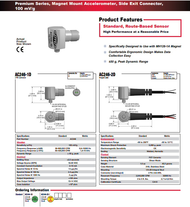CTC標準尺寸 高級加速度振動傳感器AC246技術參數