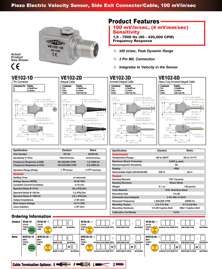  CTC壓電式速度振動傳感器VE102技術參數(shù)